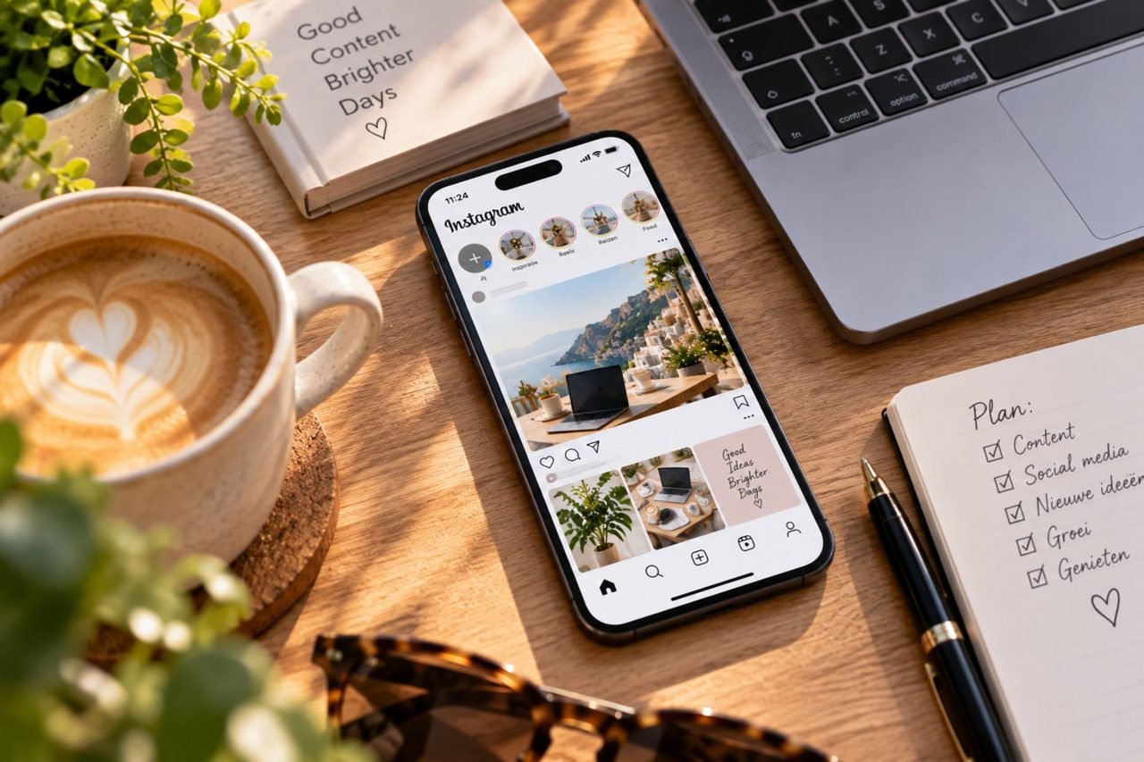 Telefoon op een bureau met social media geopend, klaar om likes te bestellen bij Onlylikes
